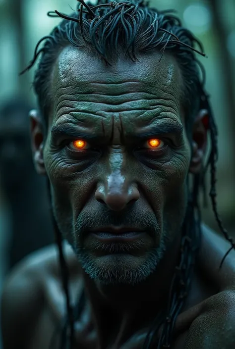 A close-up of a man from the tribe, his face painted with mud and seaweed patterns, his expression cold and menacing. His piercing, glowing eyes seem to follow the viewer, as if he knows their secrets. Behind him, ghostly silhouettes fade in and out of foc...