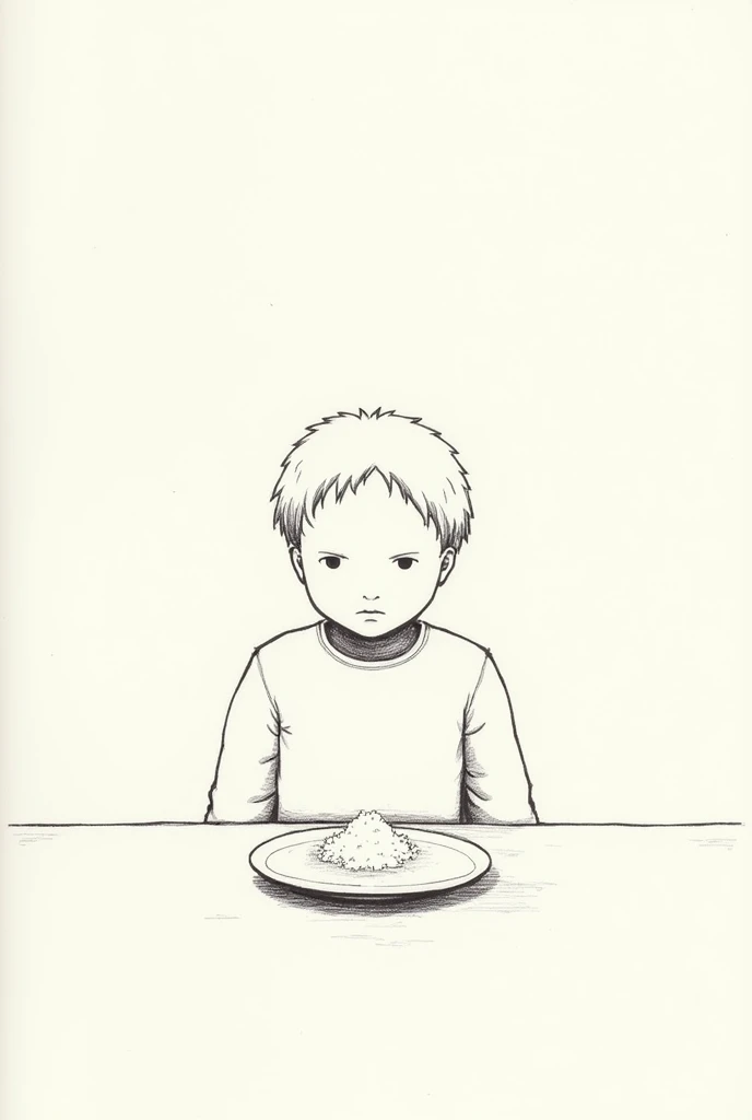 Someone in front of a plate of rice with little rice to eat, in black and white, 
(Illustration simple) (simple drawing on paper)