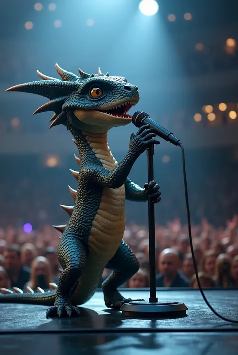 A hyperrealistic baby dragon, scales shimmering, performing a concert on a grand stage. Spotlight on the dragon, dramatic pose, singing into a microphone. Detailed, cinematic lighting.