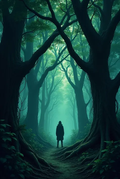  a dense and dark forest , dark, green in the shape of a manhwa