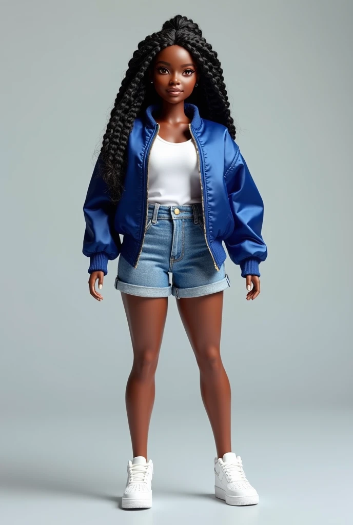 full-body Detailed realistic image of a female barbie doll.  Curvy africam american doll with  detailed black braids, brown eyes. shes wearing a detailed dark royal blue silk bomber jacket, regular white t-shirt, light blue jean shorts, white nike air forc...