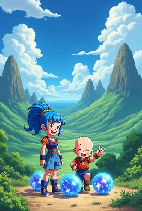 bulma and krillin happy in namekusei with 4 dragon balls on the ground