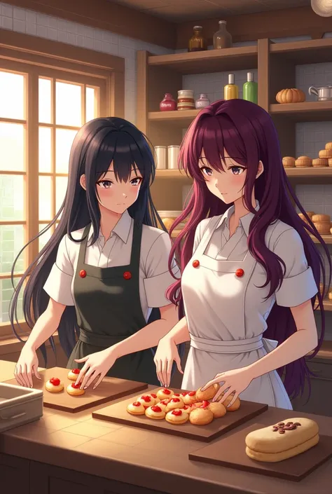  two girls one with long black hair and the other with dark purple red hair. Working in a pastry shop 