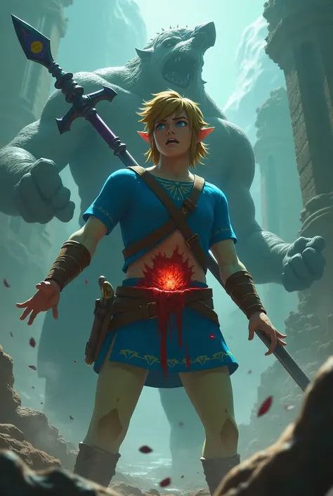 breath of the wild link with Waterblight Ganons spear through his stomach with blood everywhere