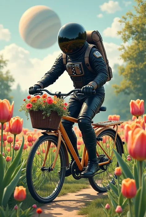 Beautiful and detailed HD artwork with an astronaut in a beautiful black suit on a beige bike, a bike with a basket of flowers in front of it. Hand drawn with brush and watercolor. Perfect anatomy of a tulip, beautiful garden, bike, beautiful flowers, dutc...