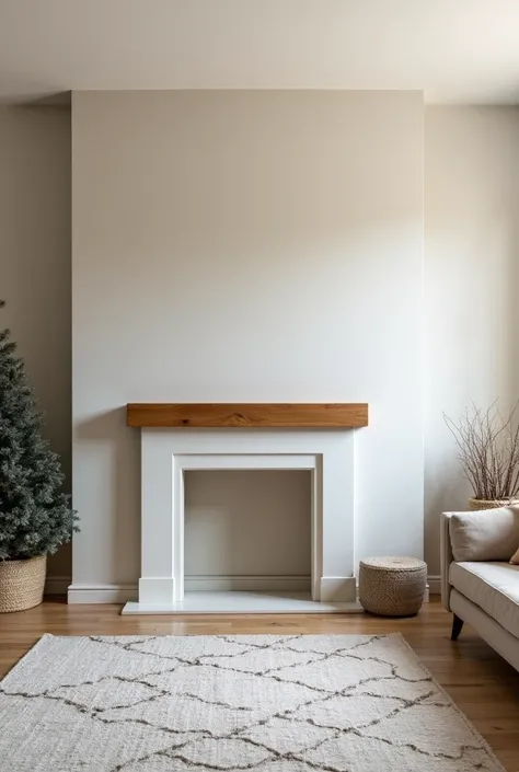 A cozy but plain living room with a simple layout. There is a bare mantel above a fireplace, a plain undecorated Christmas tree in the corner, and minimal lighting. The atmosphere is neutral and simple, highlighting a space ready for a festive makeover.