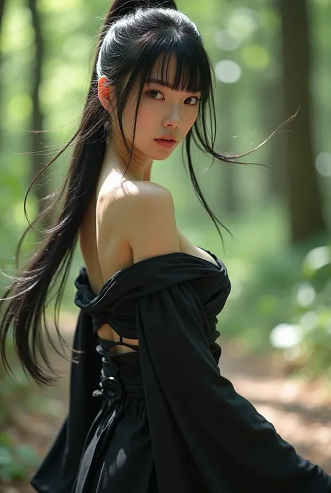 4K、live-action、 Beautiful Japanese Ninja Girl in Sexy, Revealing Clothes、Nogizaka-style beautiful girl、Tiny Breasts Exposed :1.3、Small breasts、 small nipples、 off-shoulder 、 with slits wide open in the wind 、In a clear forest 