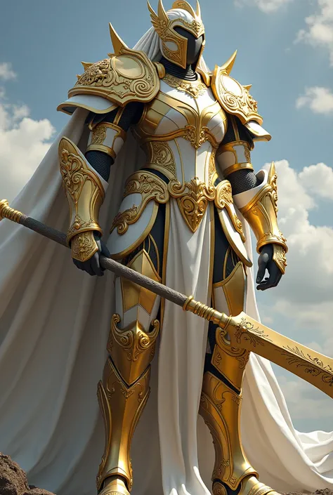  A giant woman in gold and white armor in armor with a bulwark that touches the ground and a halberd that keeps guard. You can see her from below .  She is tall she has a gold and white helmet  