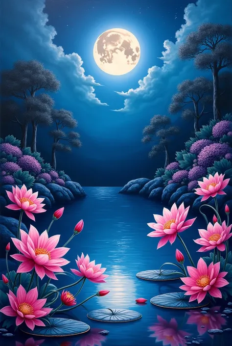 
 an 8k clear pic of an  acrylic painting nightcore asian theme flower composition by the pond at full moon dark background
