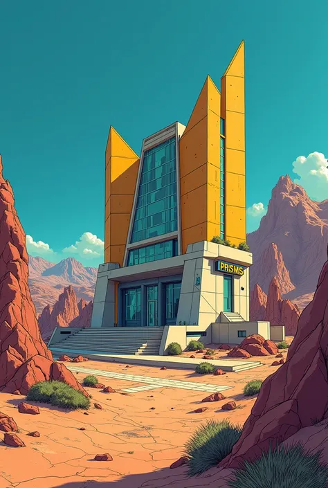 American comic book style drawing of the facade of a large futuristic hotel, prisms, on a mountain in the desert