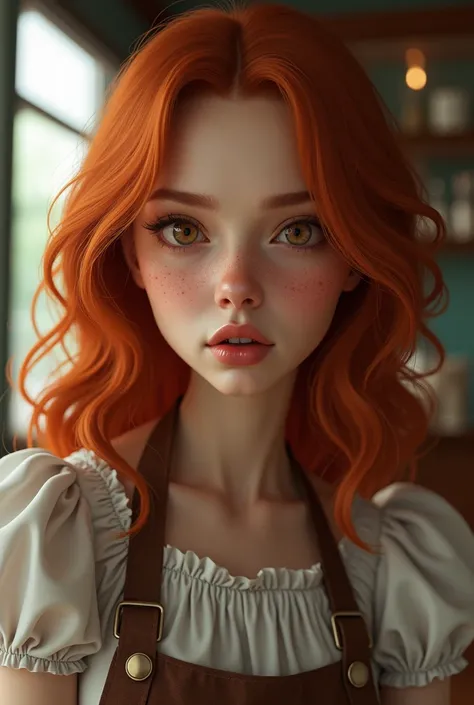 waitress with long wavy hair , copper color, deep amber eyes , Fair complexion with freckles on the cheeks and scared nose 