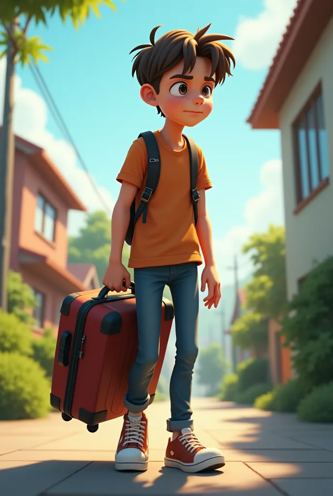 please create an animated profile picture depicting a smiling teenage boy going home with a suitcase behind or on the side and not looking forward
