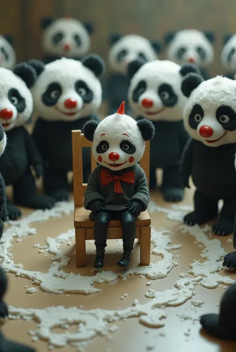 Midget in clown makeup, sat on a wooden chair, surrounded by humanoid pandas, with white cake icing on the floor