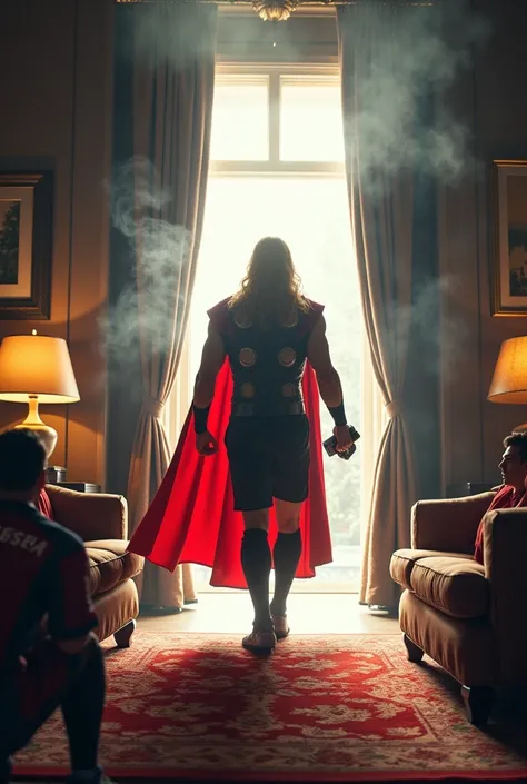 Thor’s Entry
Thor strides into the living room through a burst of light. His red cape flows dramatically behind him, and Mjölnir glows faintly in his hand. His towering figure and godly aura dominate the luxurious living room while Ronaldo and Messi is loo...