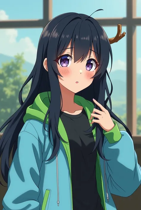  I want a 3d model of a character vtuber ,  black hair, for a little long,  expansion of 5 cm color wood on the left ear,  windbreakers light blue with green ,  wears black , This chill of balls 