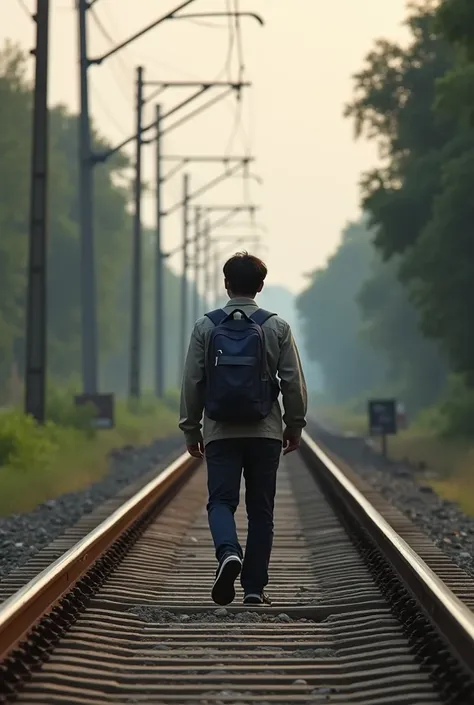 A person Walking along a railway track, with the lines leading toward them. It should more real picture please it should be in asian country