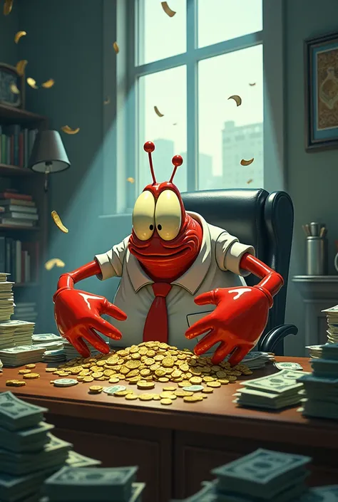 sr. Krabs is in his office ,  surrounded by piles of coins and money bills.  He has a greedy and anxious expression ,  as he counts his money with trembling hands .  The light that comes through the window is intense ,  but creates deep shadows around him ...