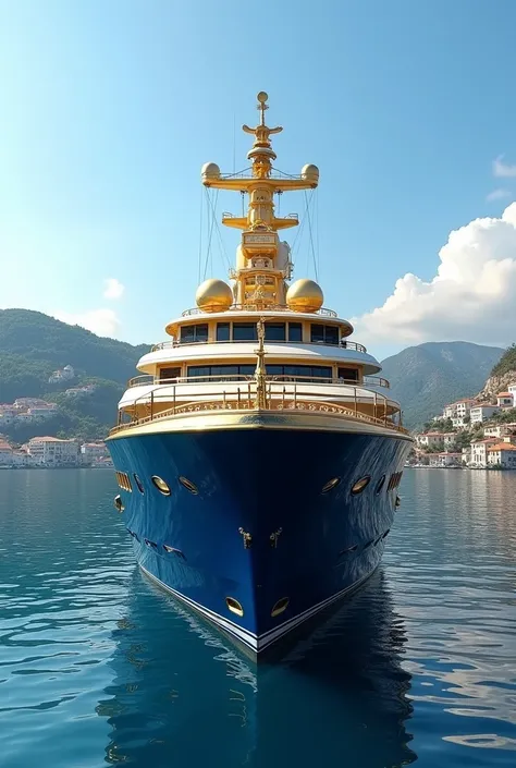 "Create a grand, opulent yacht painted in royal blue and gold, featuring intricate designs and luxurious details like domes, railings, and a prominent mast. Position the yacht at an angle that showcases its impressive size and craftsmanship, floating on ca...