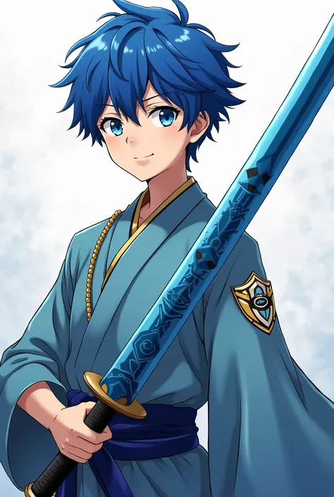 A blue-haired young boy with light blue eyes wearing the Demon Slayer uniform anime-style medium-pale skin hunter with a smile while holding his sky-blue katana with black