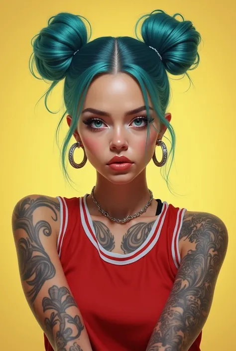 A hyper-realistic digital painting of an Instagram model with blueish-green hair in two buns, wearing a red basketball jersey and silver hoop earrings, tattoos covering her arms, staring at the artist with a smug smile, background color is pastel yellow, h...