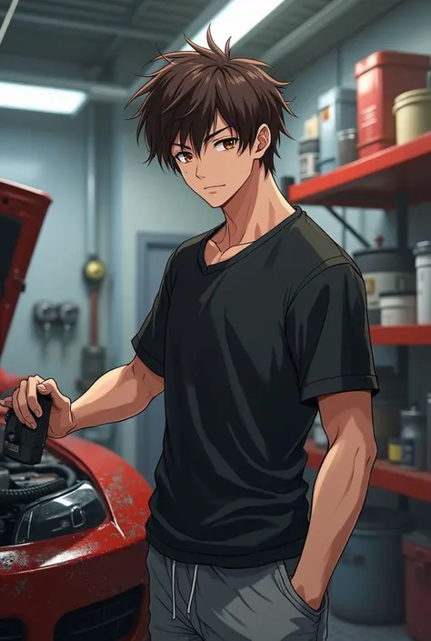 handsome, anime style, car mechanic, messy brunette hair, brown eyes, workshop, black shirt, grey sweatpants 