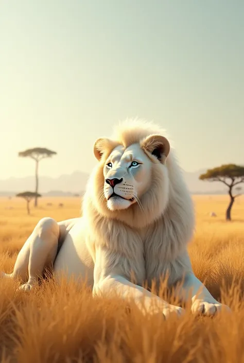 "An albino lion resting majestically on a golden savanna, its pure white fur glowing under the warm sunlight. The lion’s eyes are a soft light blue, and its mane, although lighter than usual, still has a regal appearance. The background features vast grass...