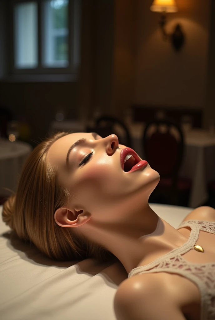  shows how much a beautiful real womans head has been amputated,   on the Table  ,Fine dining table , ((  eyes closed  )), Realistic, 4K, Nikon, , Public Market,  Natalie Portman ,リアルなnose孔と肌,細長いナッツ型のnose孔,beautiful detailed nose,Realisticな肌の質感,real skin, ...