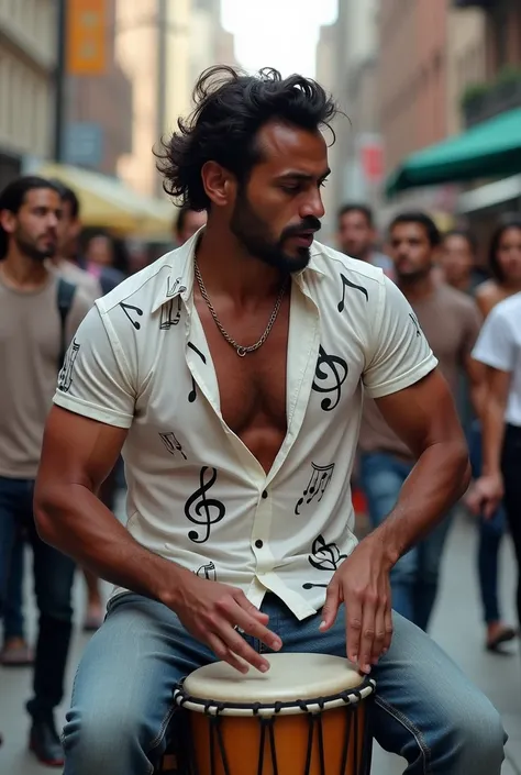 Brazilian man, beautiful, high,  Muscular body,  detailed realistic skin ,  slightly wavy hair ,  wearing a white shirt with a print of musical notes and stretch jeans, Playing Atabaques on the street in New York with some people watching , Feeling the vib...