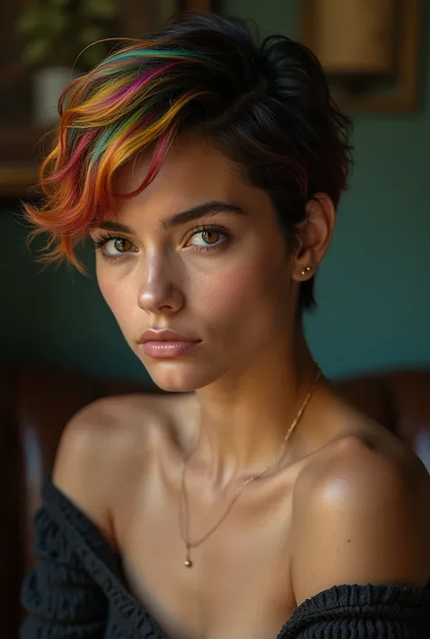  A young woman with fair skin and bold appearance ,  with short, vibrant hair that displays a mosaic of vivid colors.  Her dark and well-defined eyebrows frame a penetrating look ,  while her expression radiates confidence and a touch of pride .  Her high ...