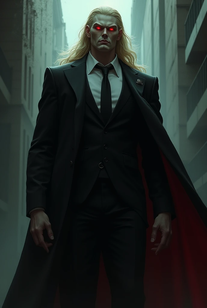 A big, tall , vampiro,  man with long blond hair and black office clothes and red eyes, semi realistic style.