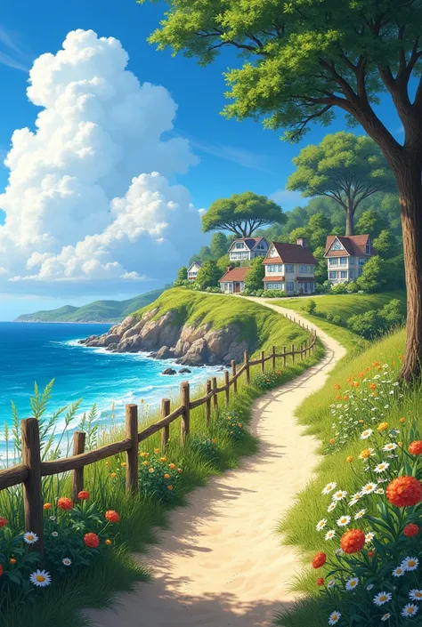 "A picturesque coastal scene featuring a narrow sandy path winding through lush green hills, bordered by rustic wooden fences and vibrant wildflowers like daisies and orange blossoms. The path leads to charming classic-style houses nestled on a hill, surro...