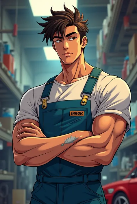 messy brunette hair, handsome, lean build but fit, anime style, car mechanic