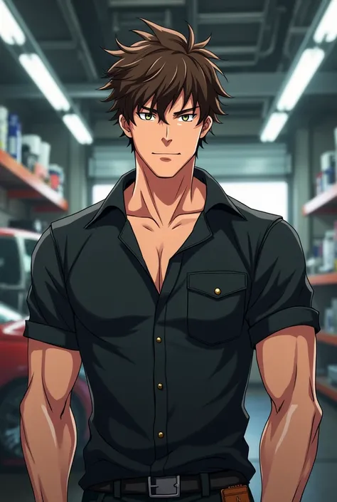 messy brunette hair, handsome, lean build but fit, anime style, car mechanic, black shirt