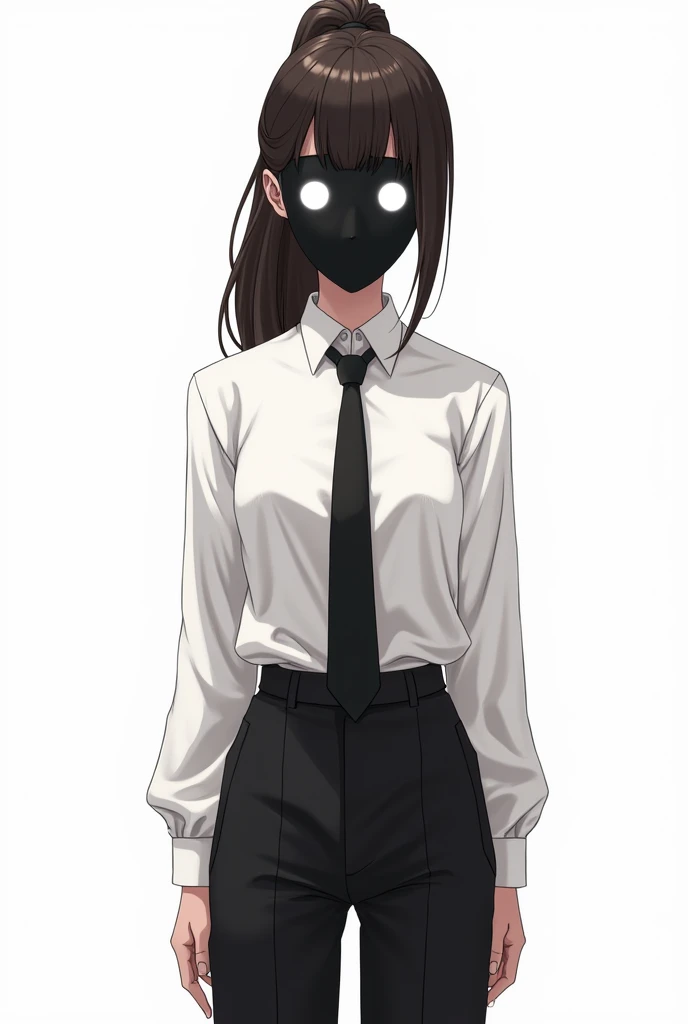  A girl with dark brown hair ,  gathered in a ponytail tall ,  she is wearing a black mask all over her face, her eyes are white circles ,  she is wearing a white shirt ,long sleeves, black tie,  black pants , cool pose, cartoon, anime, art, white backgrou...