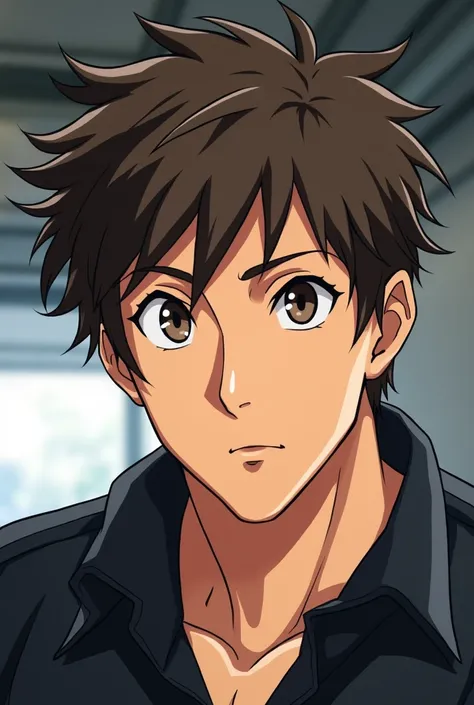 messy brunette hair, brown eyes, handsome, mature face, lean build but fit, anime style, car mechanic, black shirt, close up