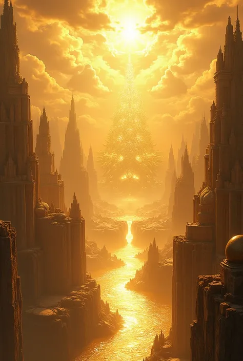 A Kingdom in Heaven ,  a city with walls of Jaspen , streets of gold, A river of crystal clear waters,  the new Jerusalem and the Tree of Life in the middle of the city,  realistic image  