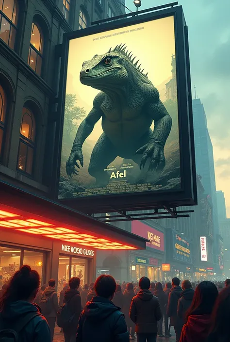 On the billboard of the cinema there is a large lizard with Afel written on it and people are queuing to buy tickets.