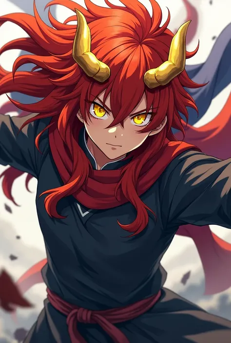 Young adult anime boy with long red hair with golden horns and yellow eyes dressed in a dark blue costume and scarf.fighting stance,