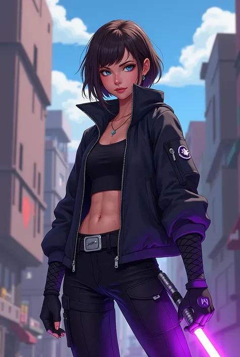  ×Here is the figure of a girl 23 years old  , her height is 178 , position on her black crop top ,  over an oversized black zippered jacket,  to plow ,  elbow-length sleeves for katanas  ,  The glove has a continuation under the sleeves of the sweater ,  ...