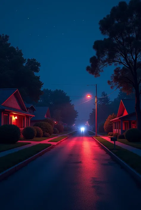 Suburbs at night, with red and blue lights. No people.