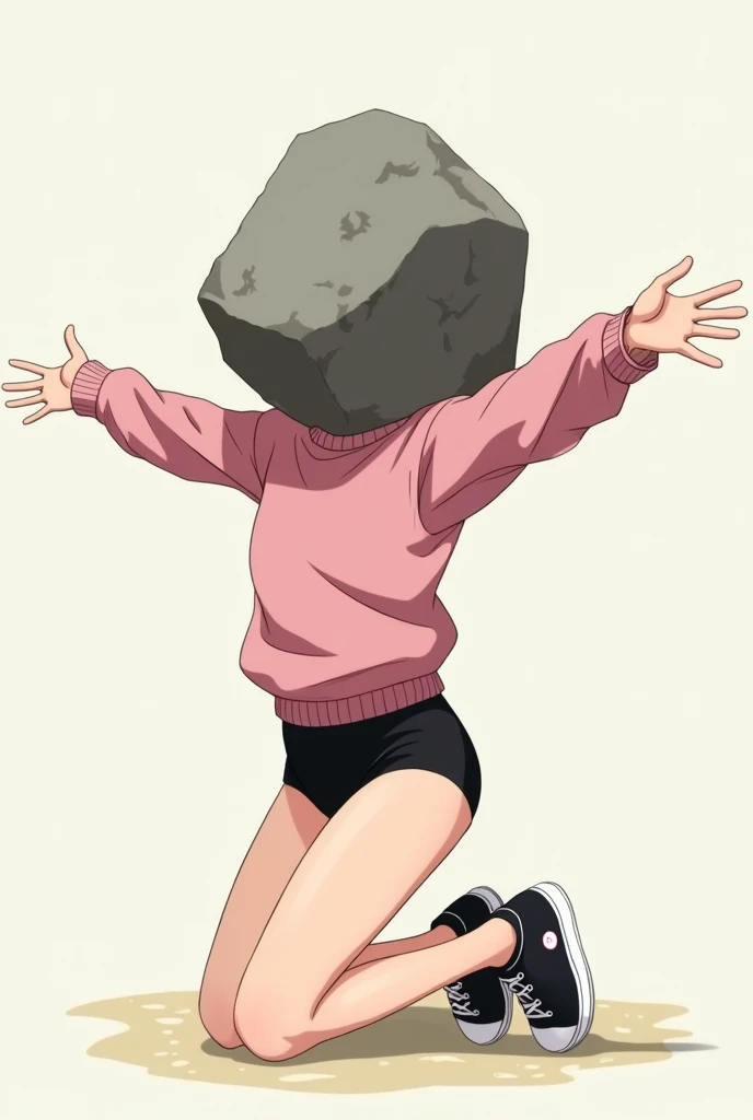 girl, anime, adolescent, chompa rosa, black shoes with white toes, kneeling,  with a large rock that replaces your head,  with arms outstretched ,  anime style,  boxer shorts color black,  long legs,  big thighs , The buttock upwards,  perfect anatomy