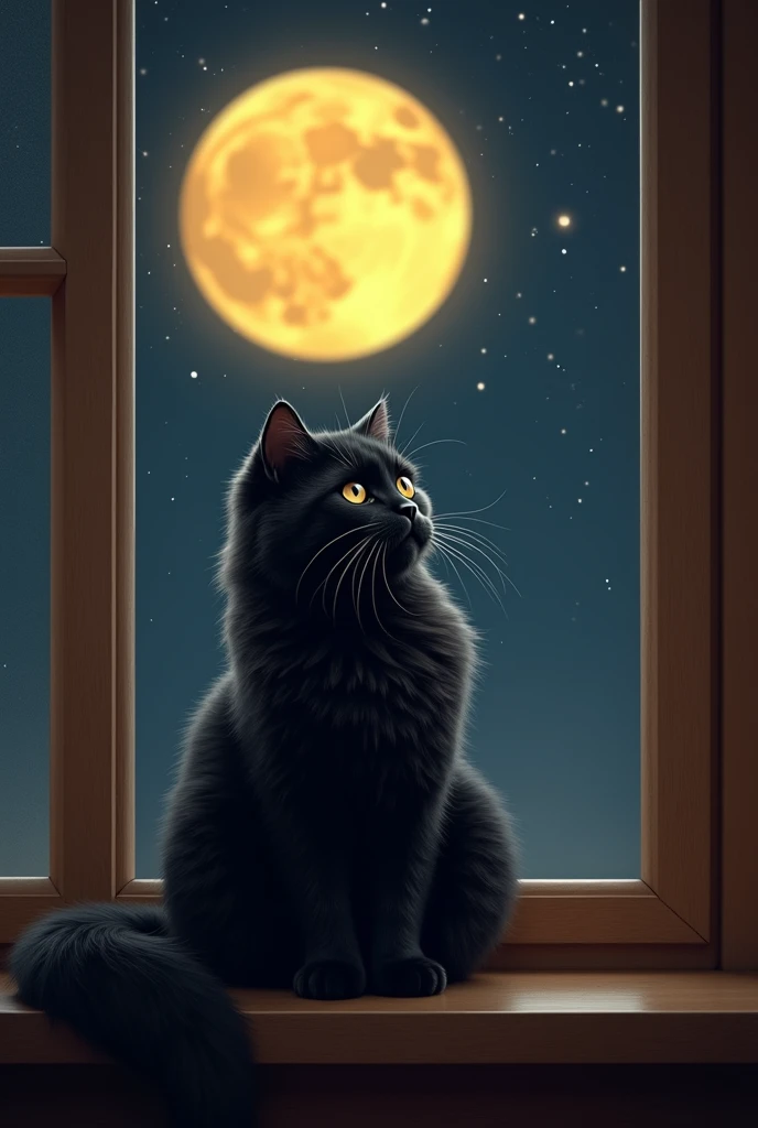  realistic picture,  Best quality. black,  a fluffy cat sitting on the windowsill, and in the window theres a big yellow moon , dark sky and stars .