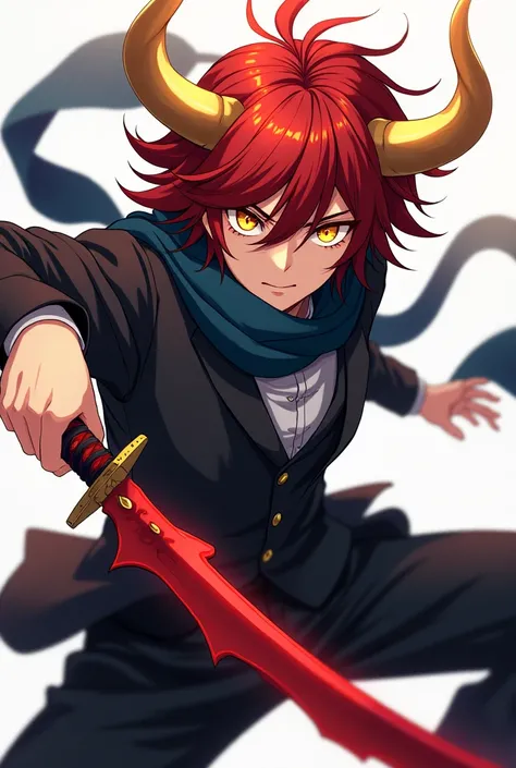 Young adult anime boy with long red hair with golden horns and yellow eyes dressed in a black suit and a dark blue scarf.with crimson leaf katana, in fighting position 