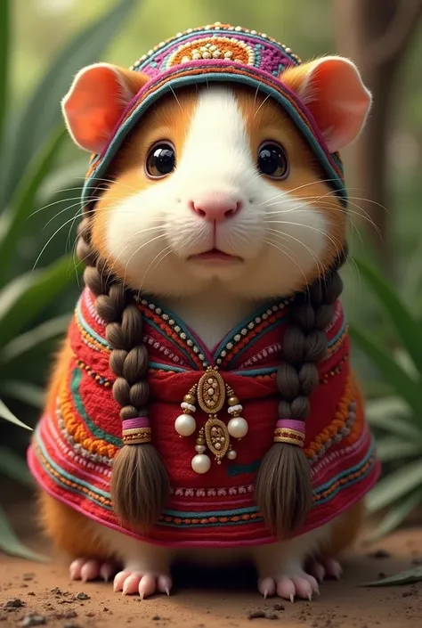 Female guinea pig with two long braids and traditional Guaneña clothing