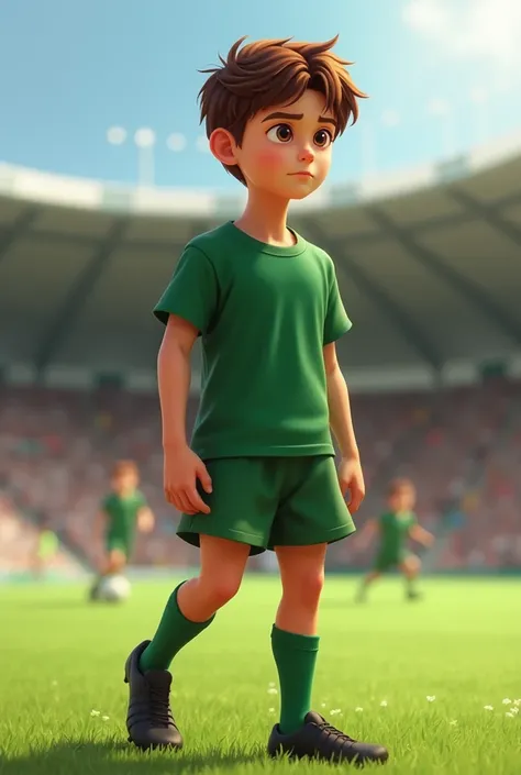 Skinny tall boy , medium short hair 
Brown and brown eyes playing rugby not soccer
 Green t-shirt without symbol
Green shorts without symbols
Black cleats