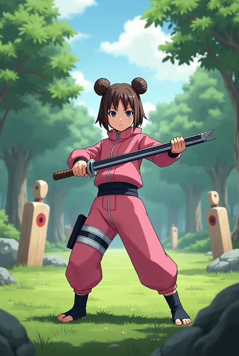 Create a image of Tenten from shippuden in his pink outfit in the training ground