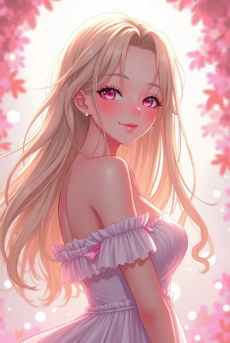 Anime girl with light blonde hair and light pink eyes with a curvy bodyshape. She wears mascara making her eyelashes pop, concealor and eyeliner. She also uses a very soft pink-reddish blush.