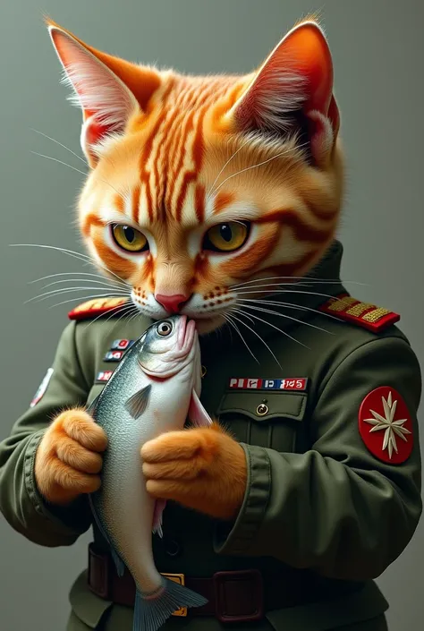  realistically shaped orange cat in military uniform all eating fish