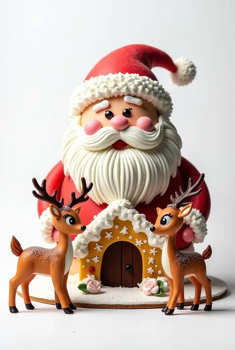 Very large santa klaus cake house with cute deer deer in front of his house on white background