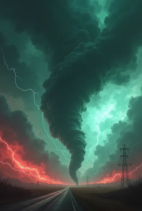  around a tornado with red and green lightning and thunder, with a strong light,